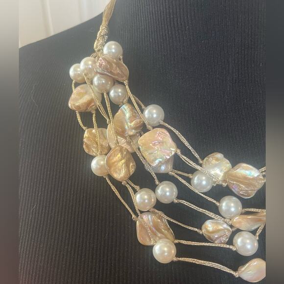 Pearl and abalone shell multi strand layered necklace - Picture 2 of 10